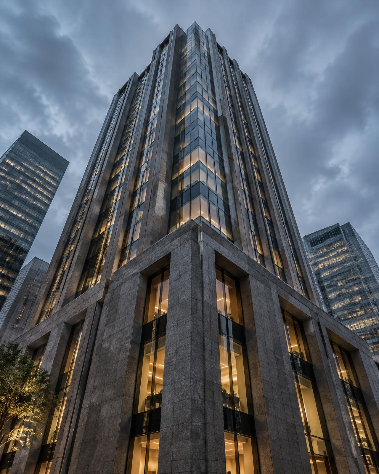 Dramatic low view of a dark stone and glass office tower at dusk with warm window light
