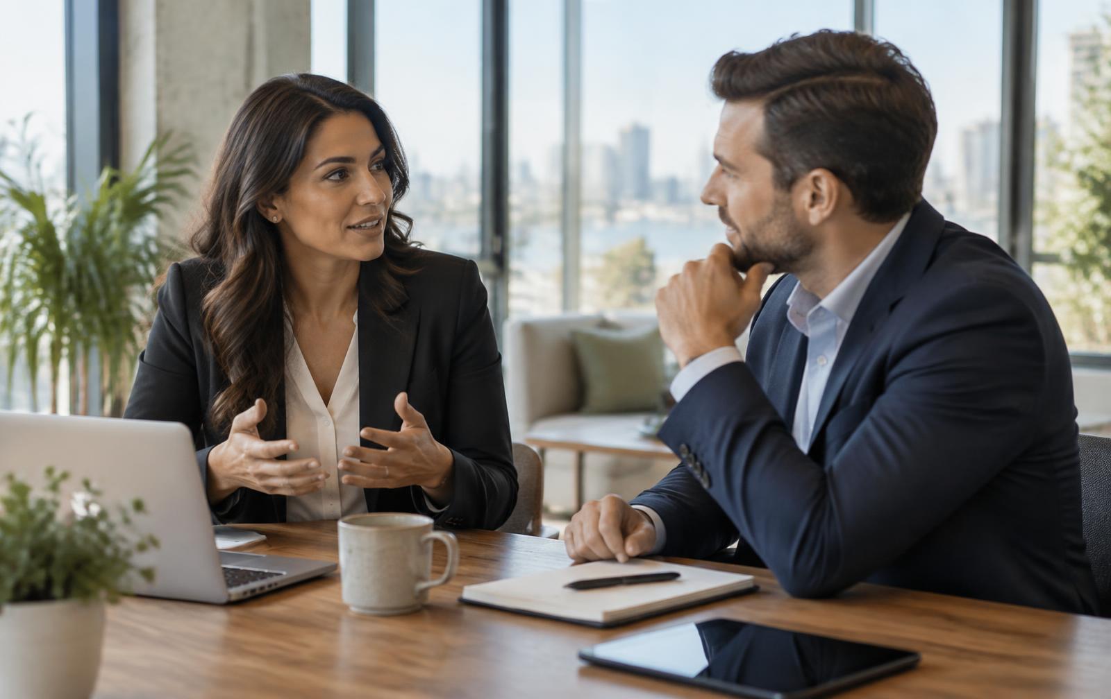 Two business owners in a thoughtful conversation